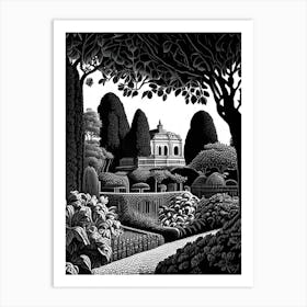 Giardino Di Boboli, Italy Linocut Black And White Vintage Art Print