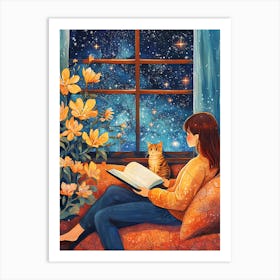 Girl Reading Book with Her Cat 15 Art Print