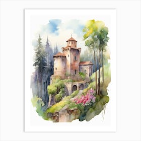 Watercolor Castle In The Woods Art Print