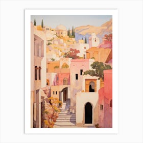 Santorini Greece 2 Vintage Pink Travel Illustration Art Print