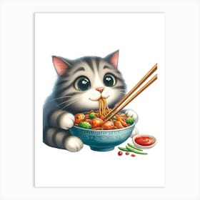 Cat Eating Noodles Art Print