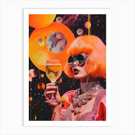 Retro Cocktail Space Lady Collage Art Print