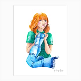 Knitting a Blue Scarf Art Print