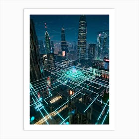 A Futuristic Cityscape Interconnected By Glowing Cyber Security Mesh Networks Represented By Pulsat (6) Art Print