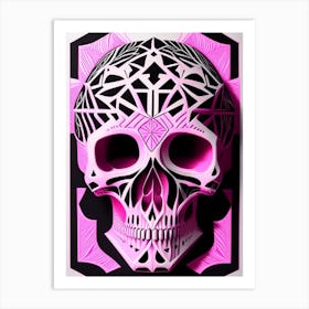 Skull With Geometric Designs 1 Pink Linocut Art Print