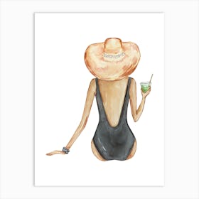 Woman In Swimsuit With Drink Art Print