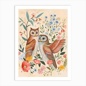Folksy Floral Animal Drawing Owl Art Print