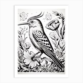 B&W Bird Linocut Hoopoe 1 Art Print