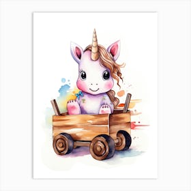 Baby Unicorn On A Toy Car, Watercolour Nursery 0 Art Print