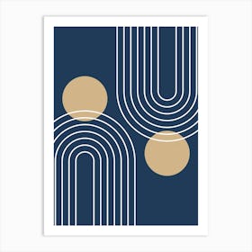 Mid Century Modern Geometric In Navy Blue And Tan (Rainbow And Sun Abstract) 01 Art Print