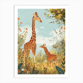 Modern Illustration Of Two Giraffes In The Sunset 1 Art Print