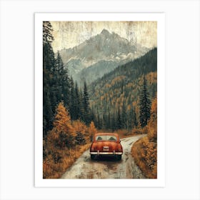 Vintage Car On A Winding Road Through Autumnal Mountain Landscape Art Print