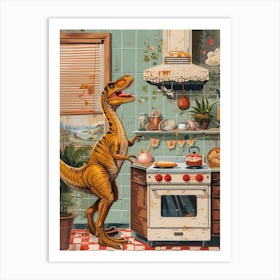 Dinosaur Baking In The Kitchen Retro Abstract Collage 1 Art Print