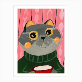 Cat with mug Art Print