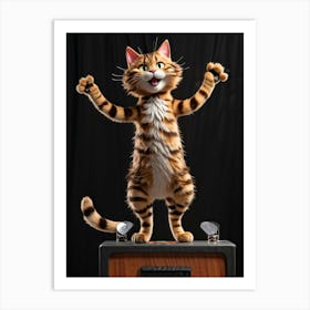 3d Style Animated Tabby Cat Standing In A Dynamic Rocker Pose Front Paws Placed On A Music Stand Ad Art Print