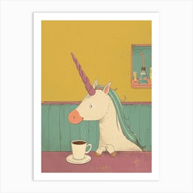 Pastel Storybook Style Unicorn Drinking Coffee In A Cafe 2 Art Print