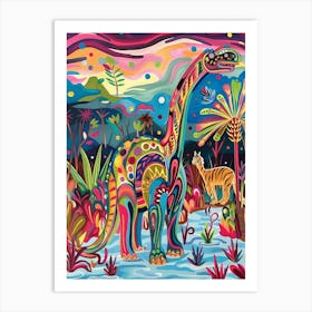 Colourful Abstract Wavy Dinosaur In The Wild Art Print