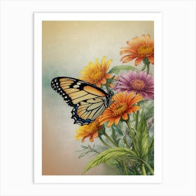 Butterfly On Flowers Art Print