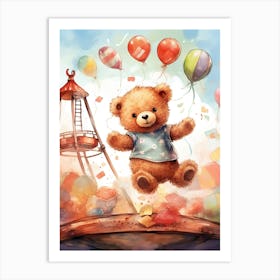 Trampoline Teddy Bear Painting Watercolour 2 Art Print