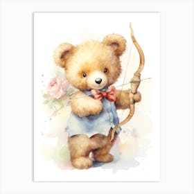 Archery Teddy Bear Painting Watercolour 3 Art Print