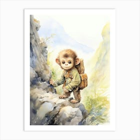 Monkey Painting Hiking Watercolour 1 Art Print