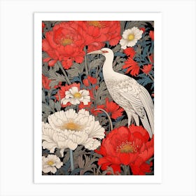 Dianthus And Bird Vintage Japanese Botanical Art Print