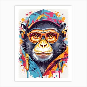Colorful Cute Monkey Wearing Hat And Glasses Art Print