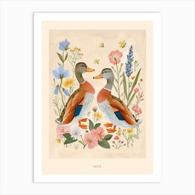 Folksy Floral Animal Drawing Duck 3 Poster Art Print