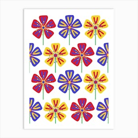 Red Blue Yellow Pattern Flowers Art Print