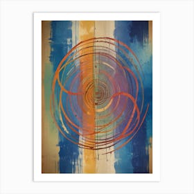 Circular abstract art featuring orange, blue, and yellow hues. Art Print