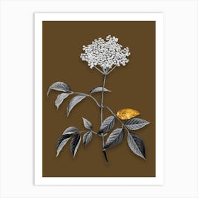 Vintage Elderflower Tree Black and White Gold Leaf Floral Art on Coffee Brown n.0959 Art Print