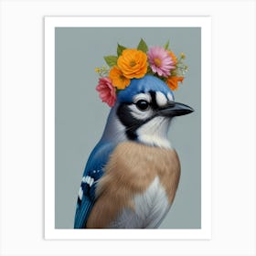 Blue Jay With A Flower Crown European Robin Art Print