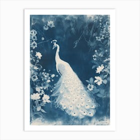 Floral White & Blue Peacock 2 Art Print