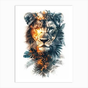 Double Exposure Realistic Lion With Jungle 15 Art Print