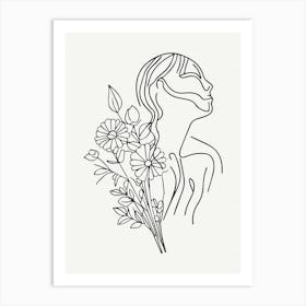 Single Line Drawing Of A Woman With Flowers Art Print
