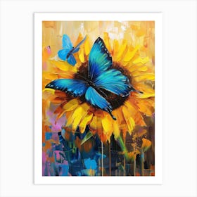 Blue Butterfly On Sunflower 1 Art Print