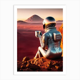 Space Explorer on Mars Enjoying Sunset Coffee - Futuristic Art Art Print