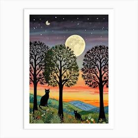 William Morris Style Cat In The Moonlight Art Print