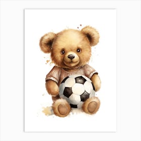 Football Soccer Ball Teddy Bear Painting Watercolour 2 Art Print