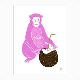 Pink Monkey With Coconut Art Print