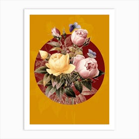Vintage Botanical Variety of Roses on Circle Red on Yellow n.0331 Art Print