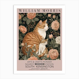 William Morris Print Cat Kitten Roses Valentines Mothers Day Gift Botanical Art Print