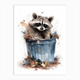 A Raccoon In A Trash Can Watercolour Illustration 3 Art Print