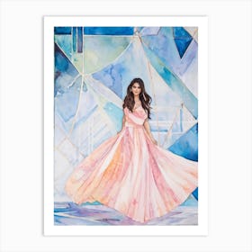 Watercolor Painting Of A Woman Exuding Grace And Nobility Set Against A Backdrop Of Geometric Shapes Art Print