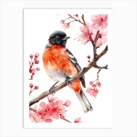 Cherry Blossoms Watercolor Bird Art Print