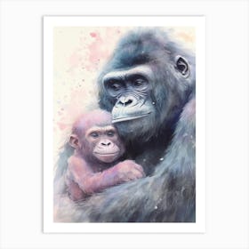 Baby And Mama Gorilla Art Watercolour Nursery 2 Art Print