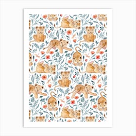 Little Lion Cubs And Flowers In Watercolor Art Print