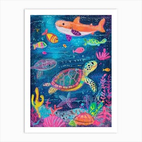 Sea Turtle & Friends Rainbow Scribble Art Print