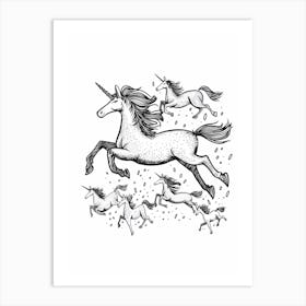 Unicorns Galloping Black & White Doodle Art Print