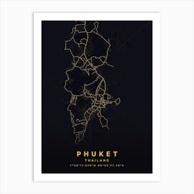 Phuket Thailand Black And Gold Map Art Print